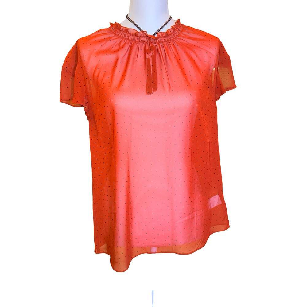 Express Red Polka Dot Sheer Ruffle Neck Blouse Size M